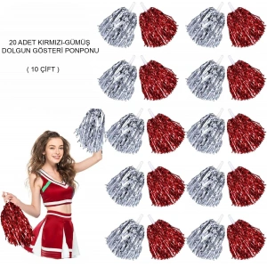 Kırmızı Gümüş Metalik Dolgun Gösteri Ponponu - 20 Adet (10 Çift)