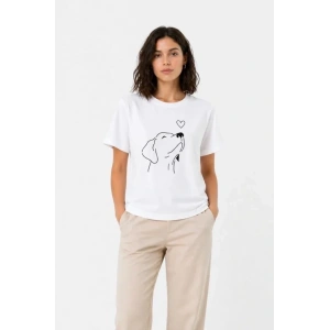 Köpek Figürlü Minimal Baskılı Tişört Kısa Kol Yazlık T-Shirt - Beyaz