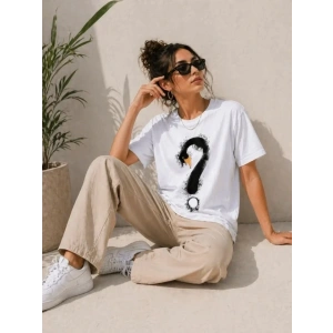 Kuğu Figürlü Soru İşareti Baskılı Tişört Kısa Kol T-Shirt - Beyaz