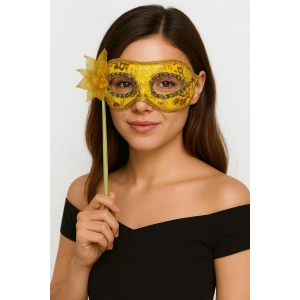 Lüks Taşlı Saplı Maskeli Balo Maskesi Altın Renk 35 cm
