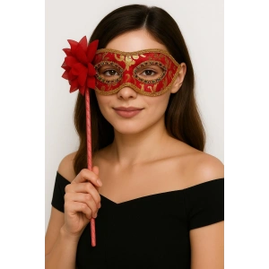 Lüks Taşlı Saplı Maskeli Balo Maskesi Kırmızı Renk 35 cm