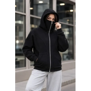 Maskeli Ninja Model Çift Kapüşonlu 3 İplik Şardonlu Fermuarlı Oversize Sweatshirt - Siyah
