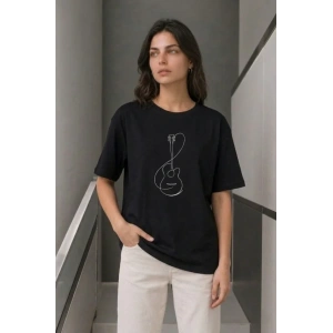 Minimal Gitar Baskılı Tişört T-Shirt Yazlık Kısa Kol Bisiklet Yaka T-Shirt - Siyah