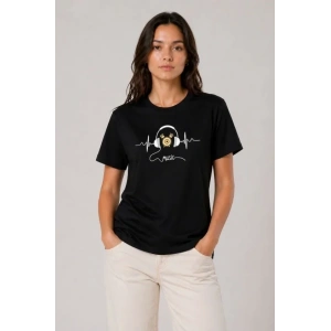 Müzik Temalı Baskılı Tişört Bisiklet Yaka Kısa Kol T-Shirt - Siyah
