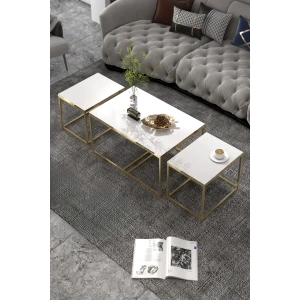 Orta Sehpa Ve Zigon Yan Sehpa Flora Set Gold Beyaz