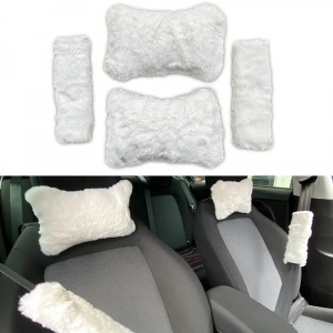 Peluş Ortopedik Araba Seyahat Boyun Yastığı Emniyet Kemer Pedi Seti Beyaz
