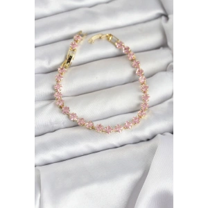 Pembe Kare Zirkon Taşlı Gold Renk Pirinç Su Yolu Kadın Bileklik