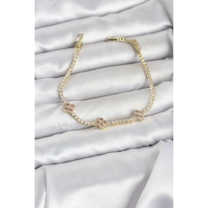 Pembe Yonca Detaylı Zirkon Taşlı Gold Renk Pirinç Su Yolu Kadın Bileklik