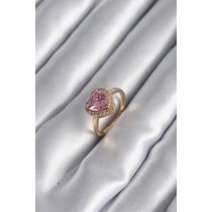 Pirinç Gold Renk Pembe Zirkon Taş Kalp Charm Model Kadın Yüzük