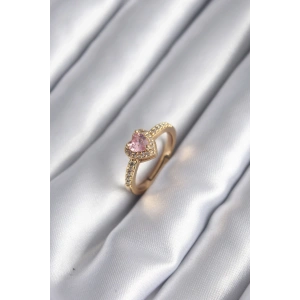 Pirinç Gold Renk Pembe Zirkon Taş Kalp Charm Model Kadın Yüzük