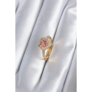 Pirinç Gold Renk Pembe Zirkon Taş Kalp Charm Model Kadın Yüzük