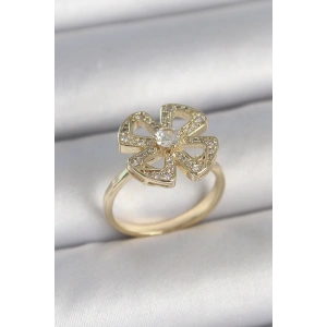 Pirinç Gold Renk Zirkon Taşlı Yonca Model Ayarlanabilir Kadın Yüzük