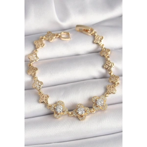 Pirinç Gold Renk Zirkon Taşlı Yonca Model Kadın Bileklik
