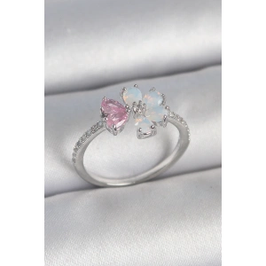 Pirinç Gümüş Renk Beyaz Mineli Pembe Zirkon Taşlı Çiçek Model Kadın Yüzük