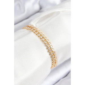 Pirinç Zirkon Taşlı Çift Sıra Model Gold Renk Asansörlü Kadın Bileklik