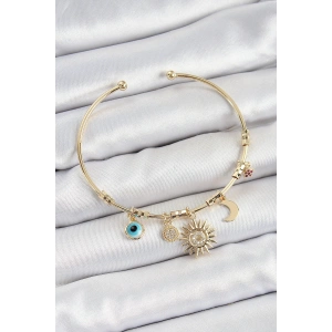 Pirinç Zirkon Taşlı Güneş Ay Nazar Model Gold Renk Charm Bileklik
