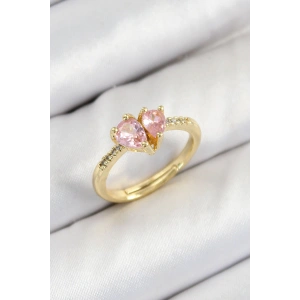 Pirinç Zirkon Taşlı Pembe Kalp Model Gold Renk Kadın Yüzük