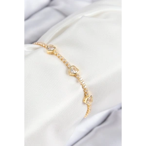 Pirinç Zirkon Taşlı Sıralı Kalp Model Gold Renk Kadın Bileklik