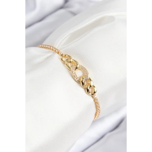Pirinç Zirkon Taşlı Zincir Model Gold Renk Asansörlü Kadın Bileklik