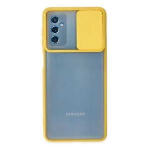 Samsung Galaxy M52 5G Kılıf Palm Buzlu Kamera Sürgülü Silikon - Sarı