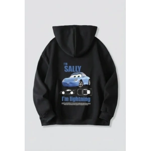 Sevgililer Günü Araba Temalı Baskılı Oversize Kapüşonlu Sweatshirt Hoodie - Siyah