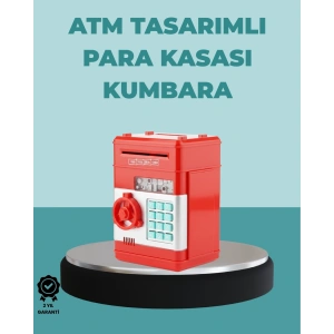 Şifreli Kırmızı ATM Tasarımlı Çelik Kasa Görünümlü Kumbara