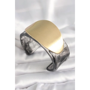 Siyah Mermer Desen Akrilik Plastik Gold Oval Plaka Model Vintage Kadın Bilezik