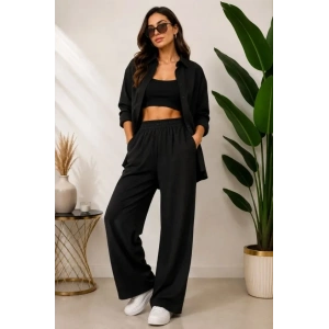 Sofya Keten Gömlek Pantolon Alt Üst Takım Uzun Kollu - Siyah