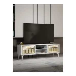 Tv Sehpası Tv Ünitesi Vera Beyaz Gold Çizgili 5052