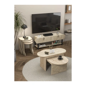 Tv Sehpası Ünitesi 2Li Orta Sehpa 3Lü Zigon Sehpa Set Üç Ürün Traverten