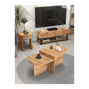 Tv Sehpası Ünitesi Tekli Orta Sehpa 3Lü Zigon Sehpa Set Üç Ürün Atlantik Çam