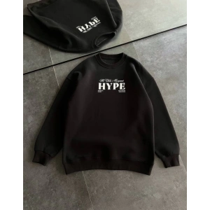 Üç İplik Bisiklet Yaka Baskılı SweatShirt - Siyah