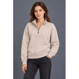 Üç İplik İçi Şardonlu Dik Yaka Yarım Fermuarlı Kışlık Sweatshirt - Bej