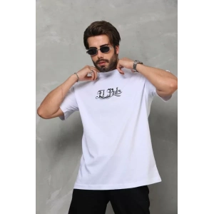 Unisex Bisiklet Yaka Baskılı Oversize T-Shirt - Beyaz