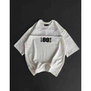 Unisex Bisiklet Yaka Baskılı Oversize T-Shirt - Beyaz