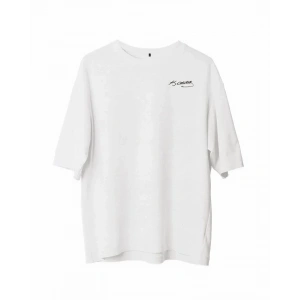 Unisex Bisiklet Yaka Baskılı Oversize T-Shirt - Beyaz
