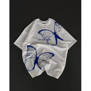 Unisex Bisiklet Yaka Baskılı Oversize T-Shirt - Beyaz