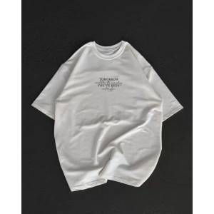 Unisex Bisiklet Yaka Baskılı Oversize T-Shirt - Beyaz