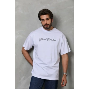 Unisex Bisiklet Yaka Baskılı Oversize T-Shirt - Beyaz