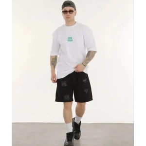 Unisex Bisiklet Yaka Baskılı Oversize T-Shirt - Beyaz