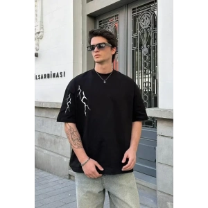 Unisex Bisiklet Yaka Baskılı Oversize T-Shirt - Siyah