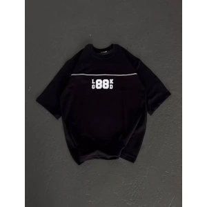 Unisex Bisiklet Yaka Baskılı Oversize T-Shirt - Siyah