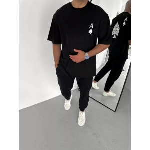 Unisex Bisiklet Yaka Baskılı Oversize T-Shirt - Siyah
