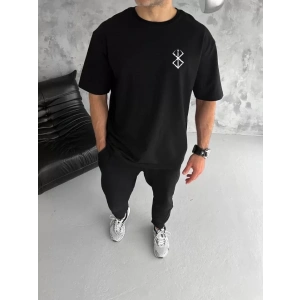 Unisex Bisiklet Yaka Baskılı Oversize T-Shirt - Siyah