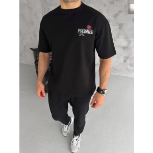 Unisex Bisiklet Yaka Baskılı Oversize T-Shirt - Siyah