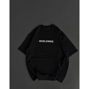 Unisex Bisiklet Yaka Baskılı Oversize T-Shirt - Siyah