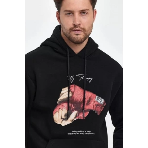 Unisex Kapüşonlu Üç İplik Oversize Baskılı Sweatshirt - Siyah