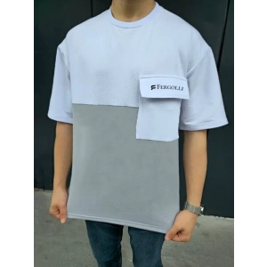 Unisex Torba Cep Detaylı  Parçalı T-Shirt - Gri