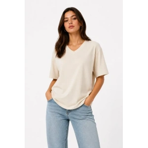 V Yaka Basic Tişört Kısa Kol Yazlık Regular Fit T-Shirt - Bej
