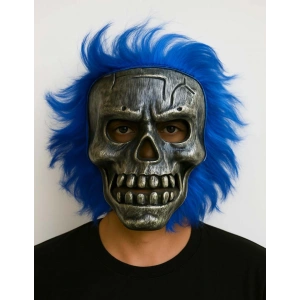 Wild Skull - Gümüş Kafatası Mavi Saçlı İskelet Maske